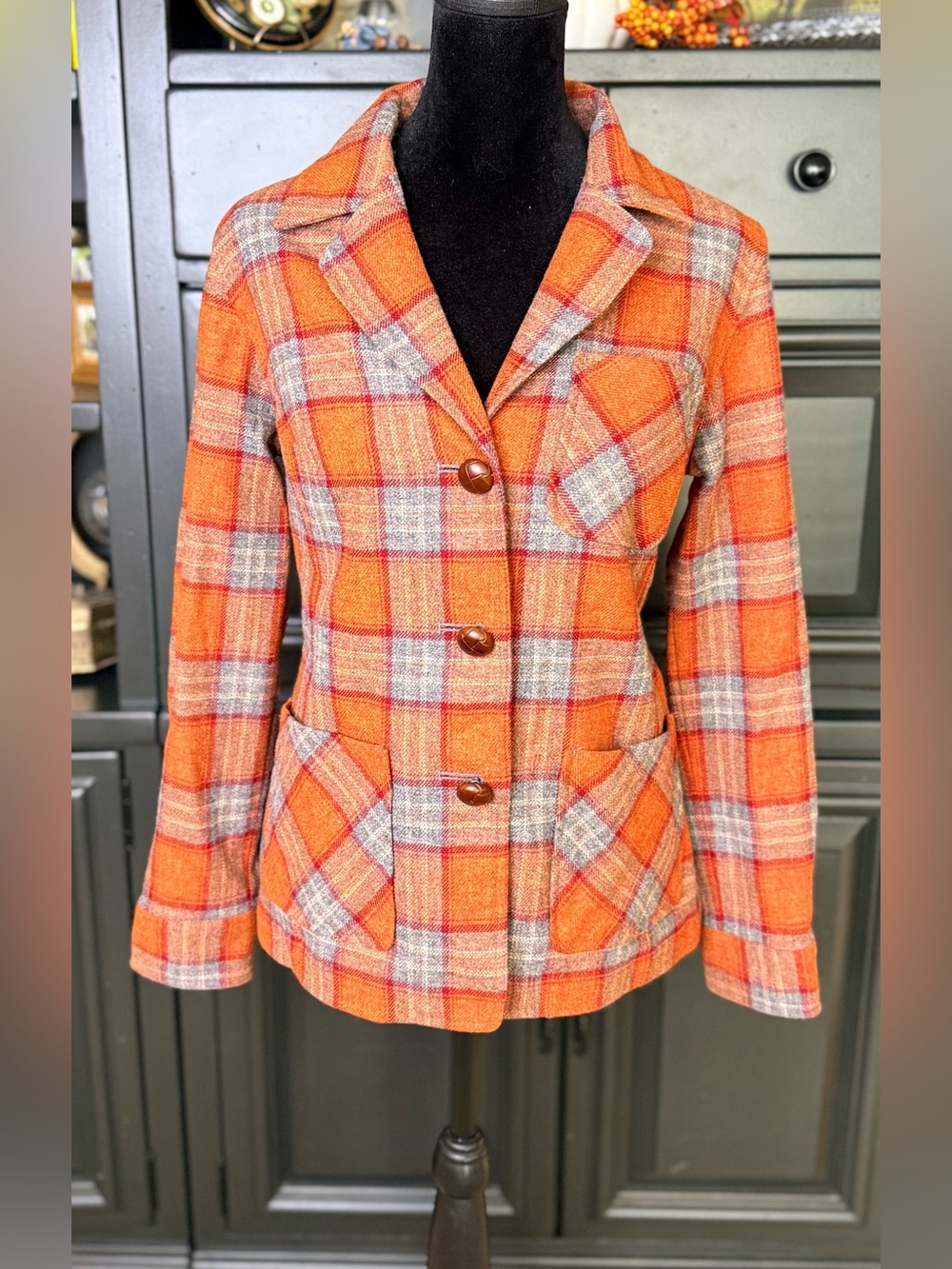 Pendleton women’s Preppy Rustic Fall Orange plaid Wool blazer jacket vintage Sm
